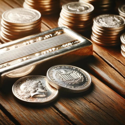Srebrne monety i sztabka srebra na stole