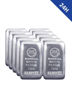 100g x 10 szt. Sztabki srebra o czystości 999,9 Mennica Metale 24h